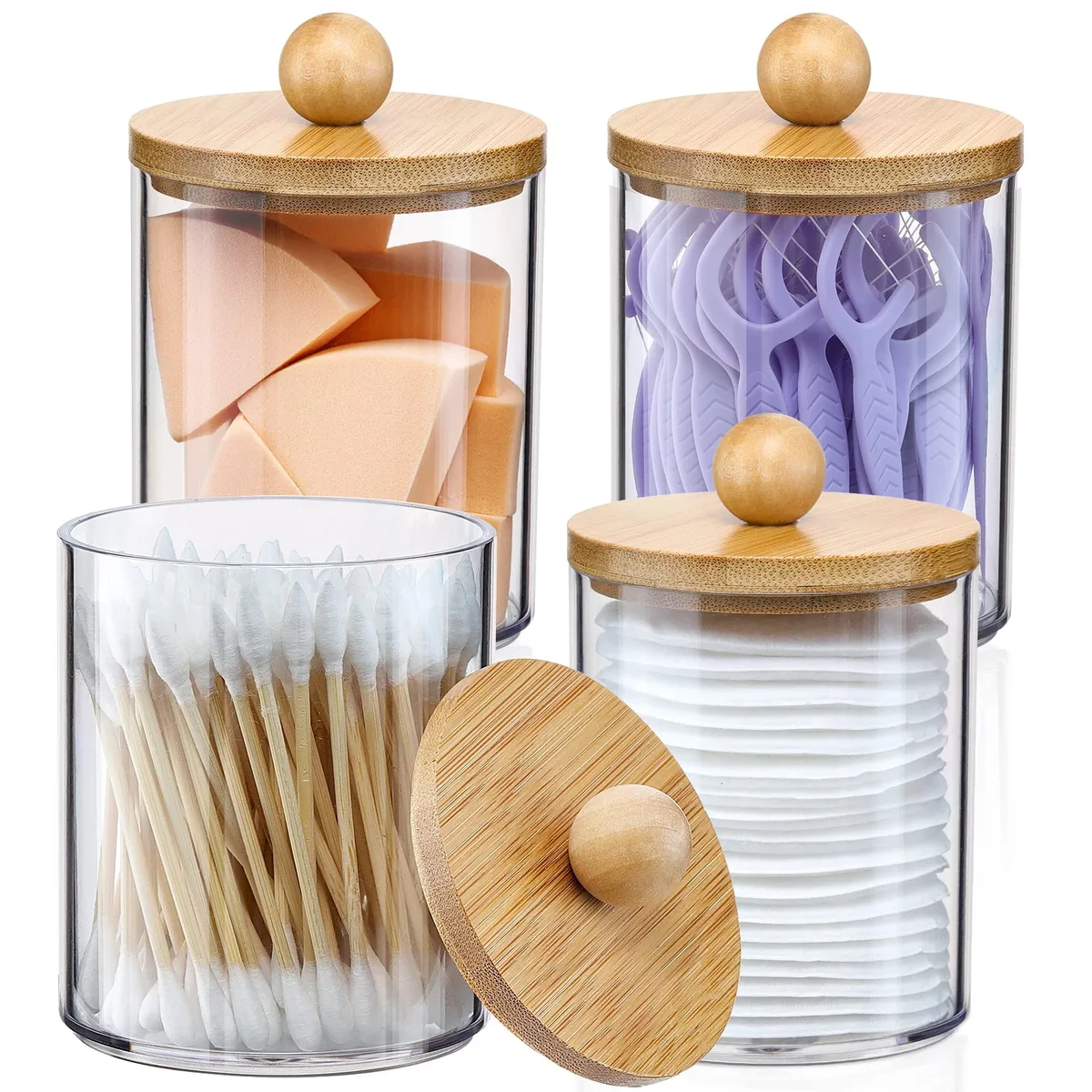 Four clear 10 oz plastic jars with bamboo lids in a 4-pack