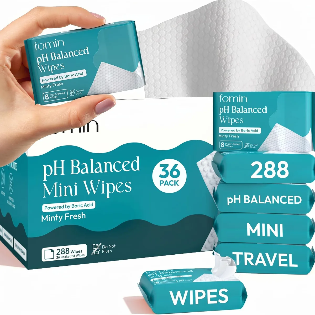 Box containing 36 individual packs of mint-scented feminine wipes, 288 total