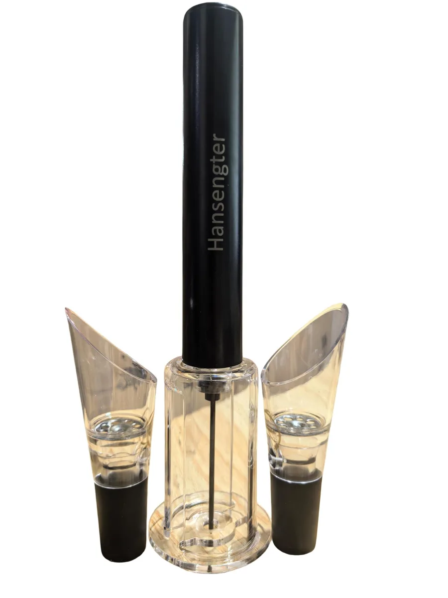 Black air-pump wine opener with two pour spouts