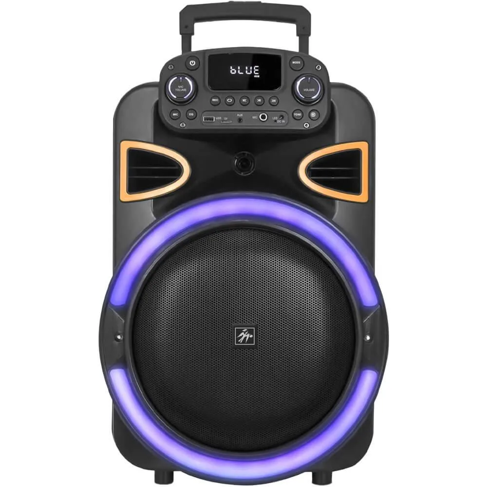 Black rectangular portable speaker with built-in handle and LED light panel