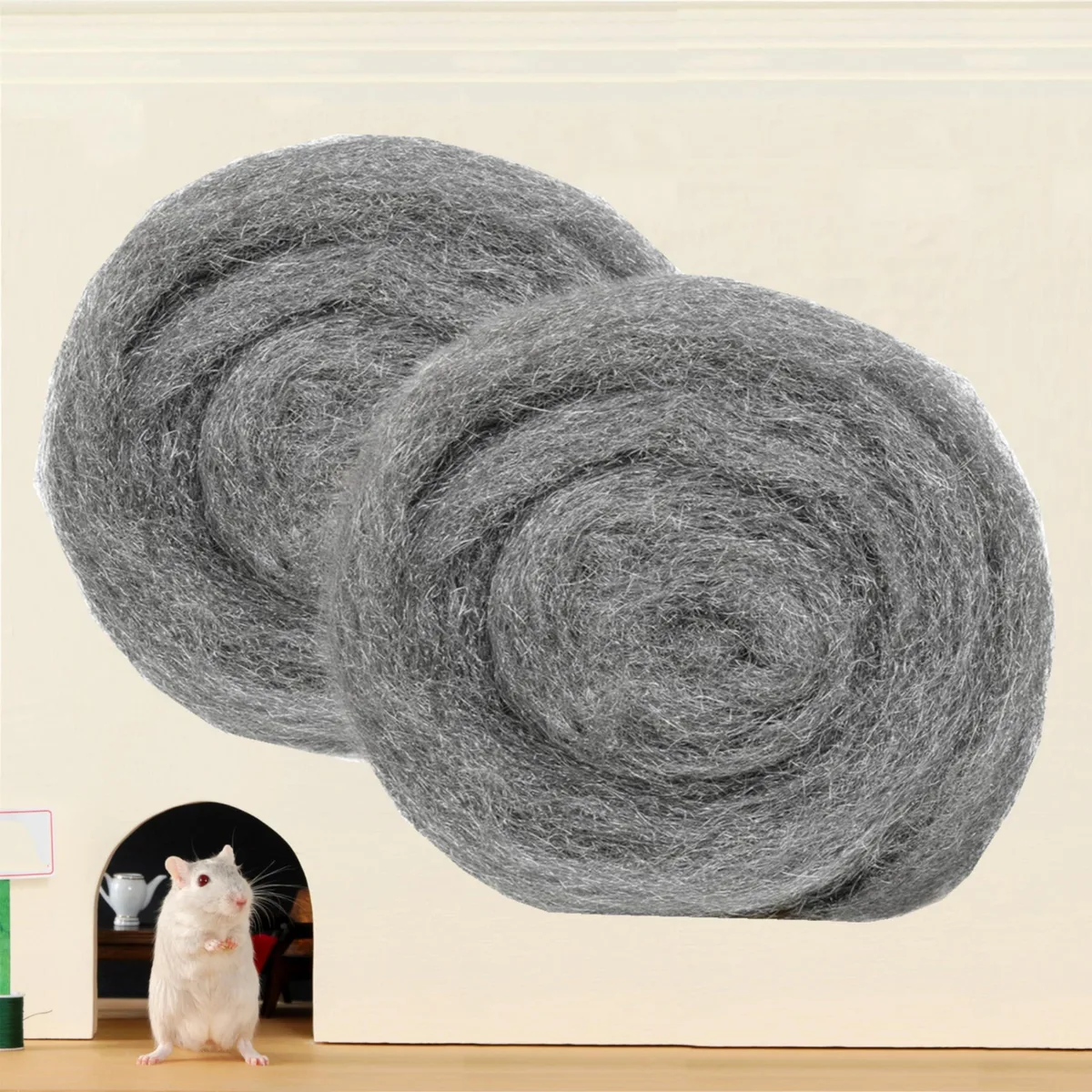 Two rolls of coarse steel wool fabric, 16 ft each, 3 inch wide, for gap blocking