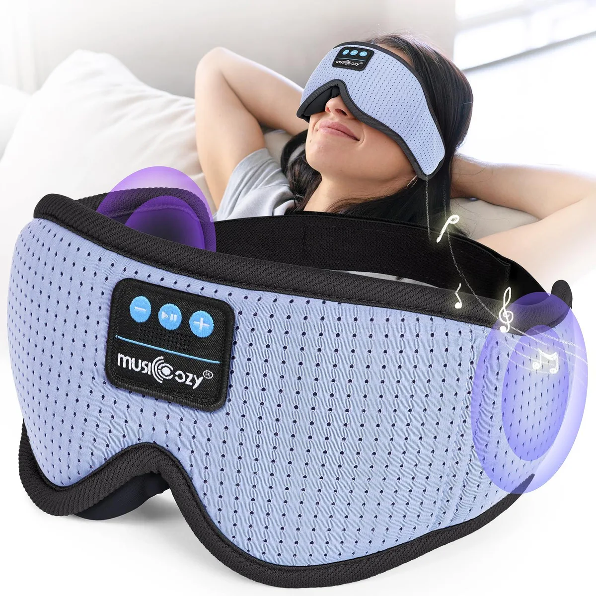 White fabric sleep mask with integrated flat speakers and adjustable strap