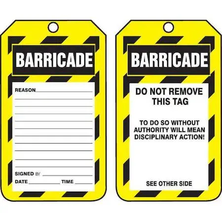 Pack of 25 rectangular barricade tags, black header, cardstock