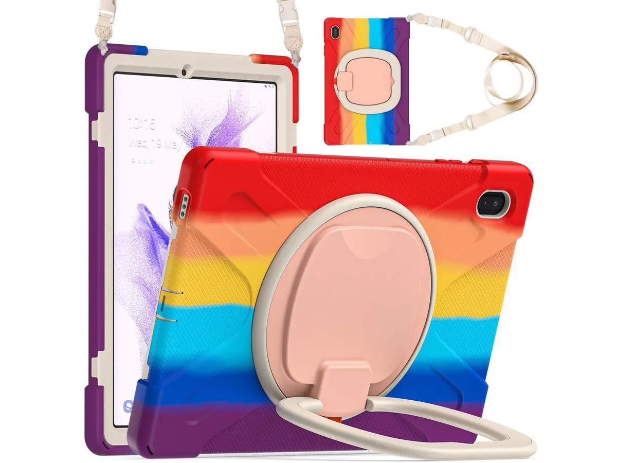 Rainbow Red rugged tablet case with rotating kickstand and shoulder strap