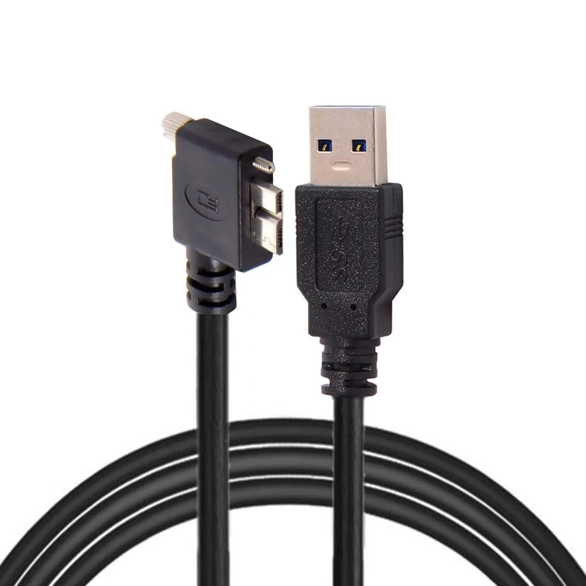 Three-metre USB 3.0 cable with left-angled Micro-B screw connector and standard Type-A plug