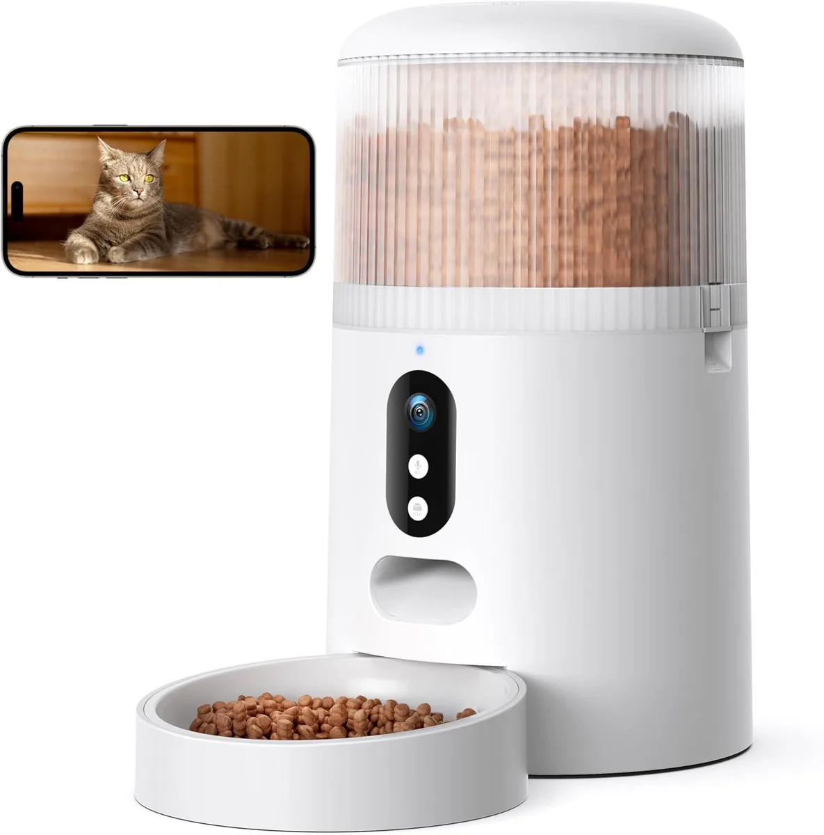 White cylindrical automatic pet feeder with front camera lens and hopper lid