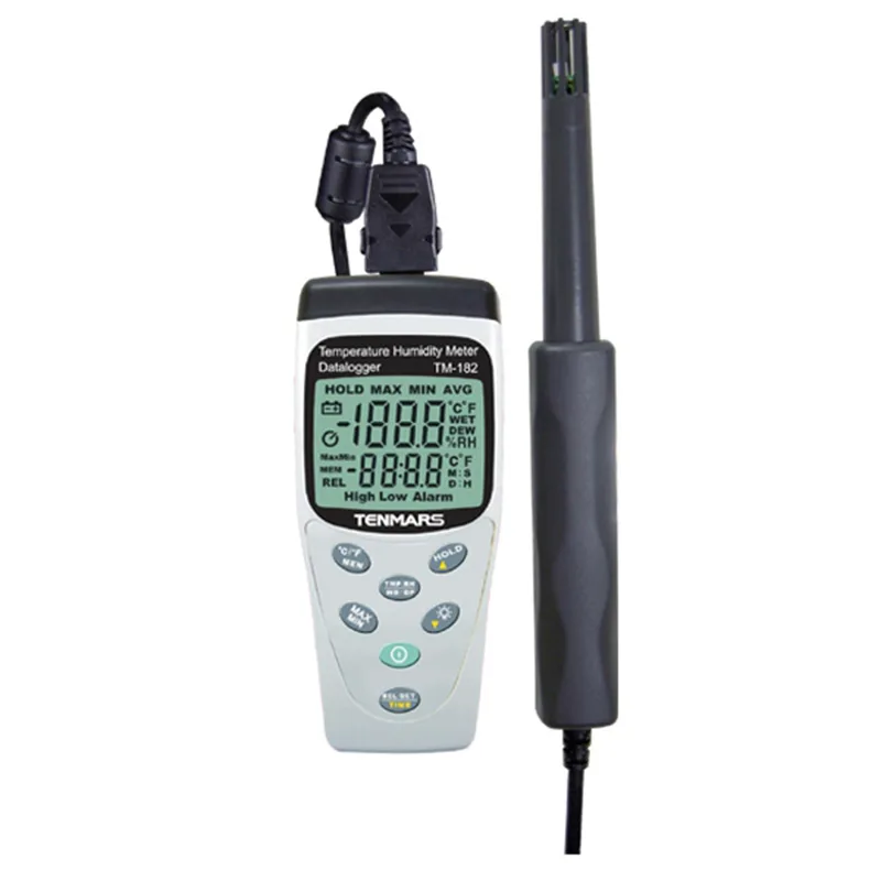 Red handheld temperature humidity meter TM-182 with dual LCD display