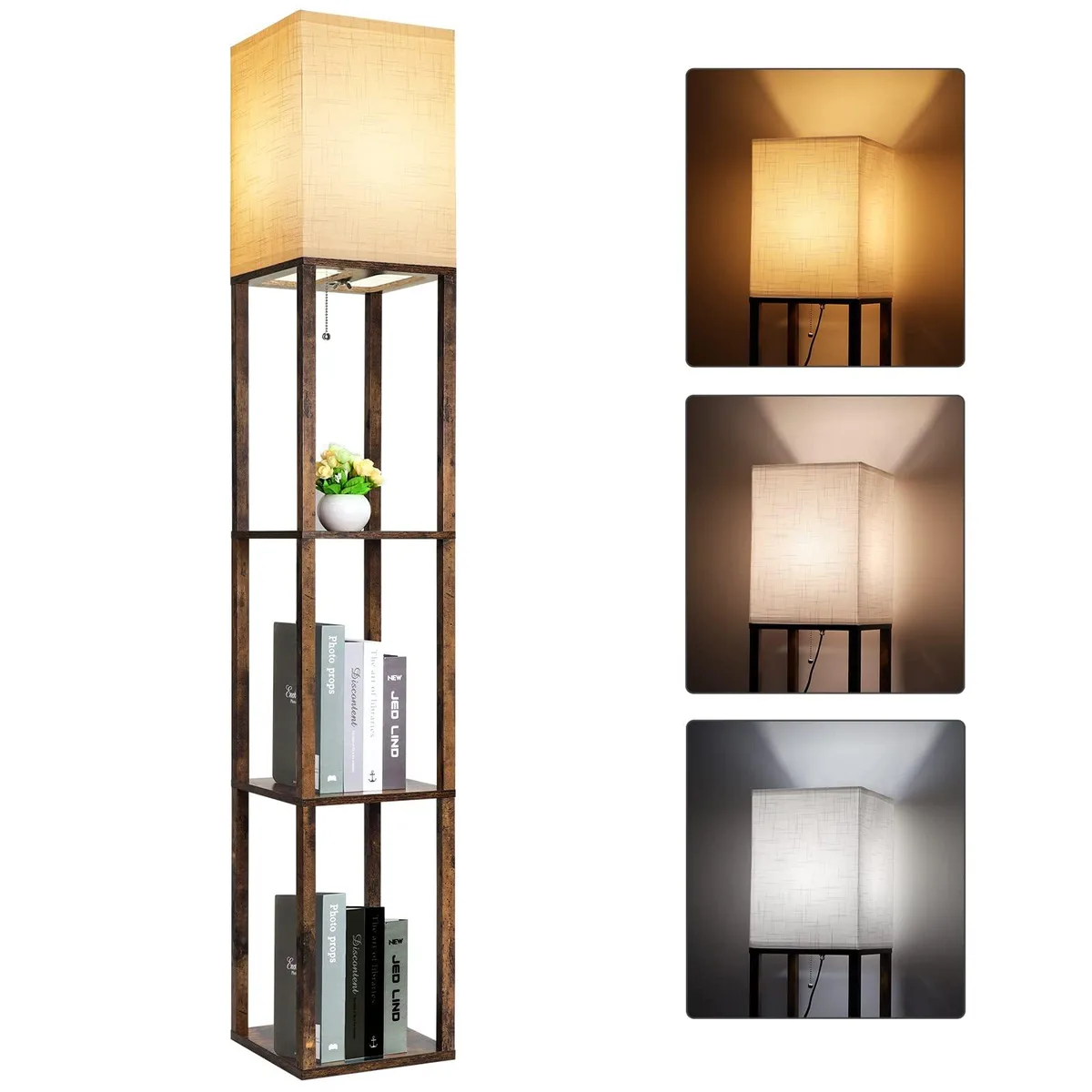 Tall brown wooden floor lamp with three shelves and off-white fabric shade