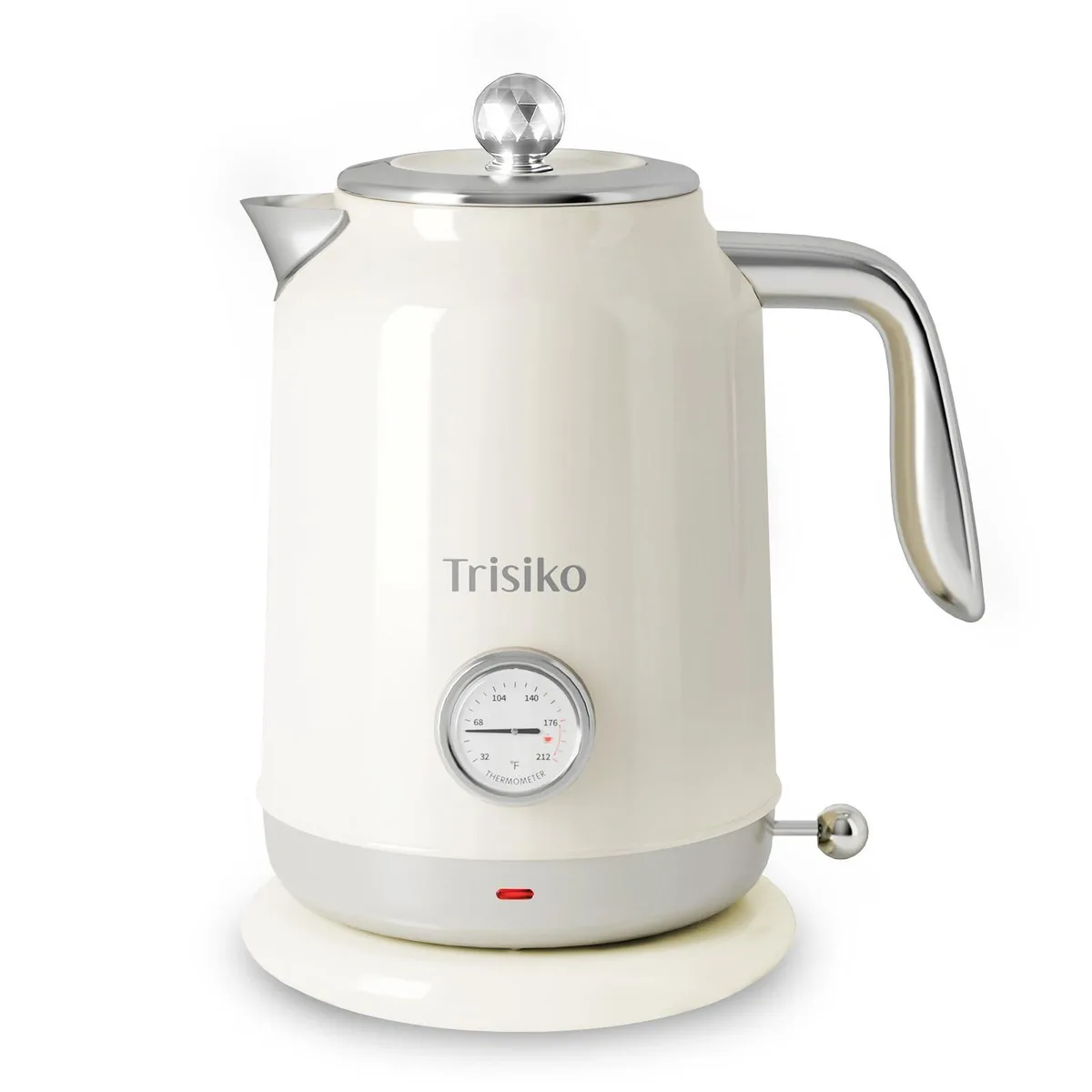 White electric kettle with front temperature dial on 360-degree cordless base