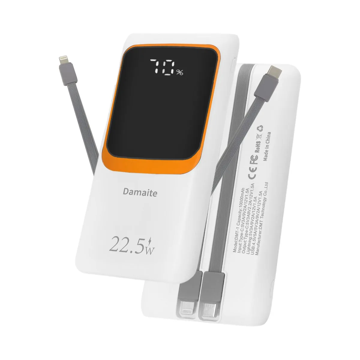 Damaite Damaite 10000mAh Power Bank White 22.5W Built-in Cables AC Plug — product photo
