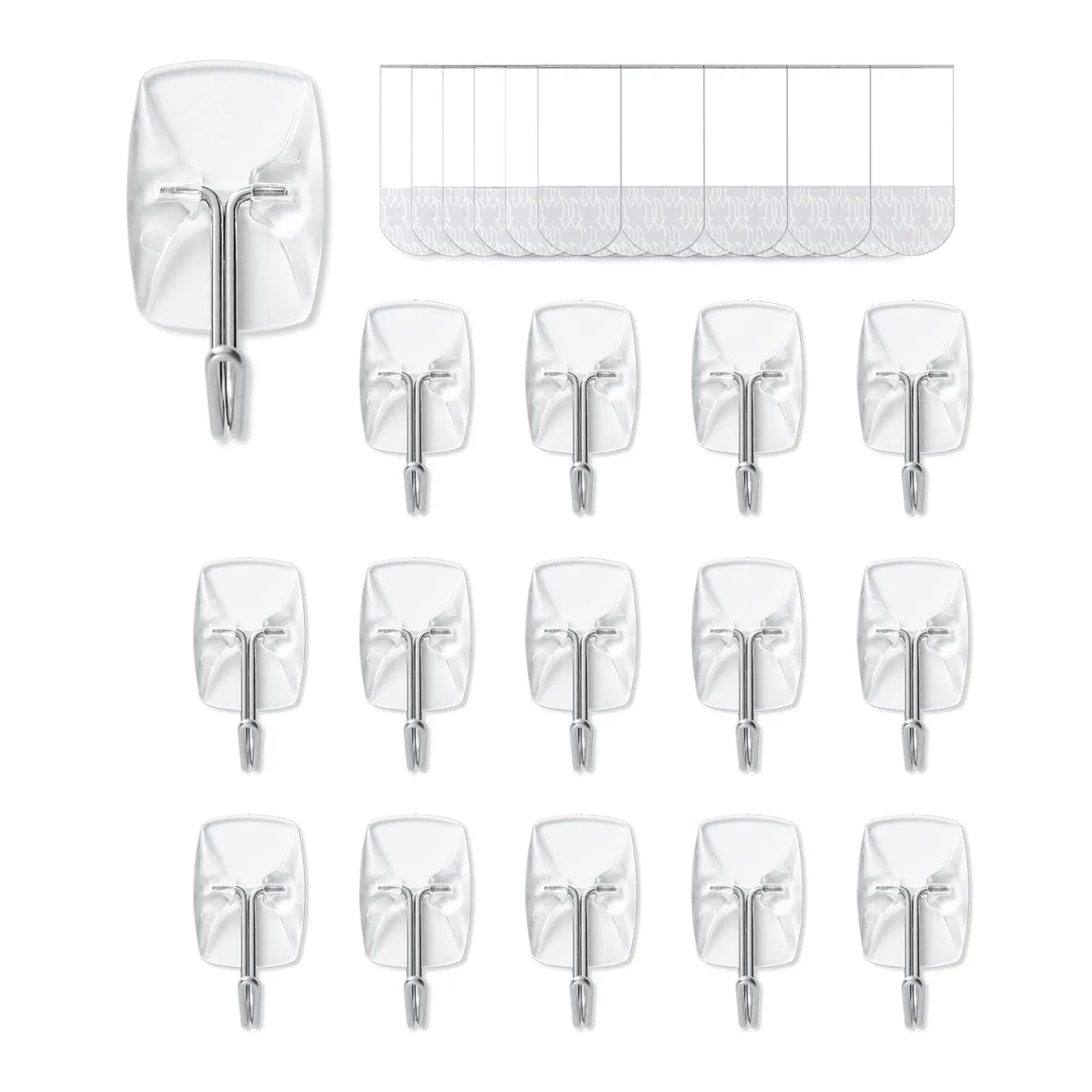 15 clear adhesive hooks with 30 strips, holds .5 lbs
