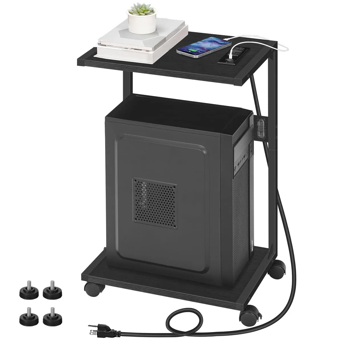 Black computer tower stand with charging station, lockable wheels, two tiers, particle board and metal frame