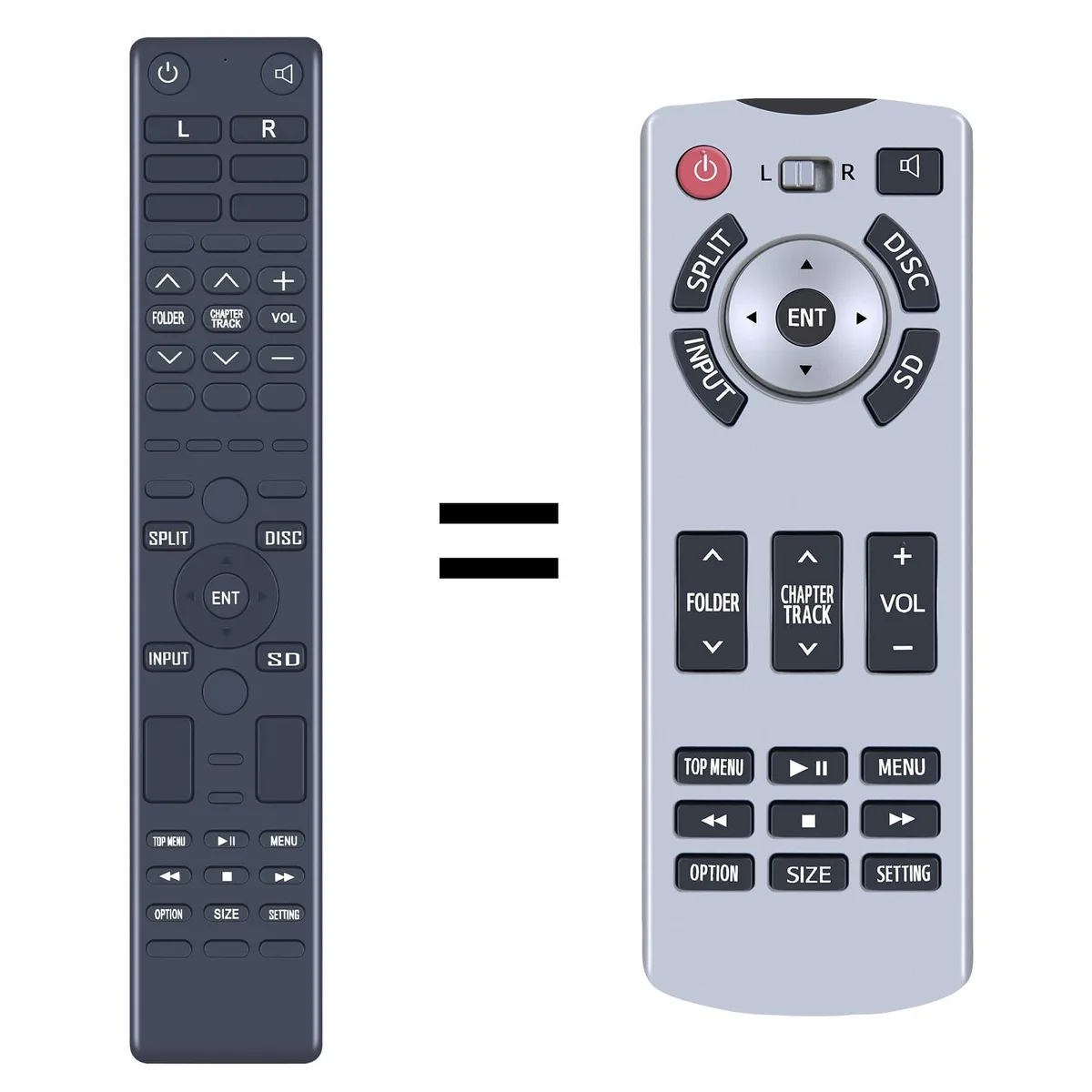 Black rectangular remote control with rounded edges and button layout