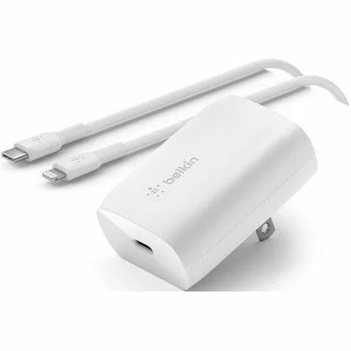 White USB-C to Lightning cable with wall charger in retail box