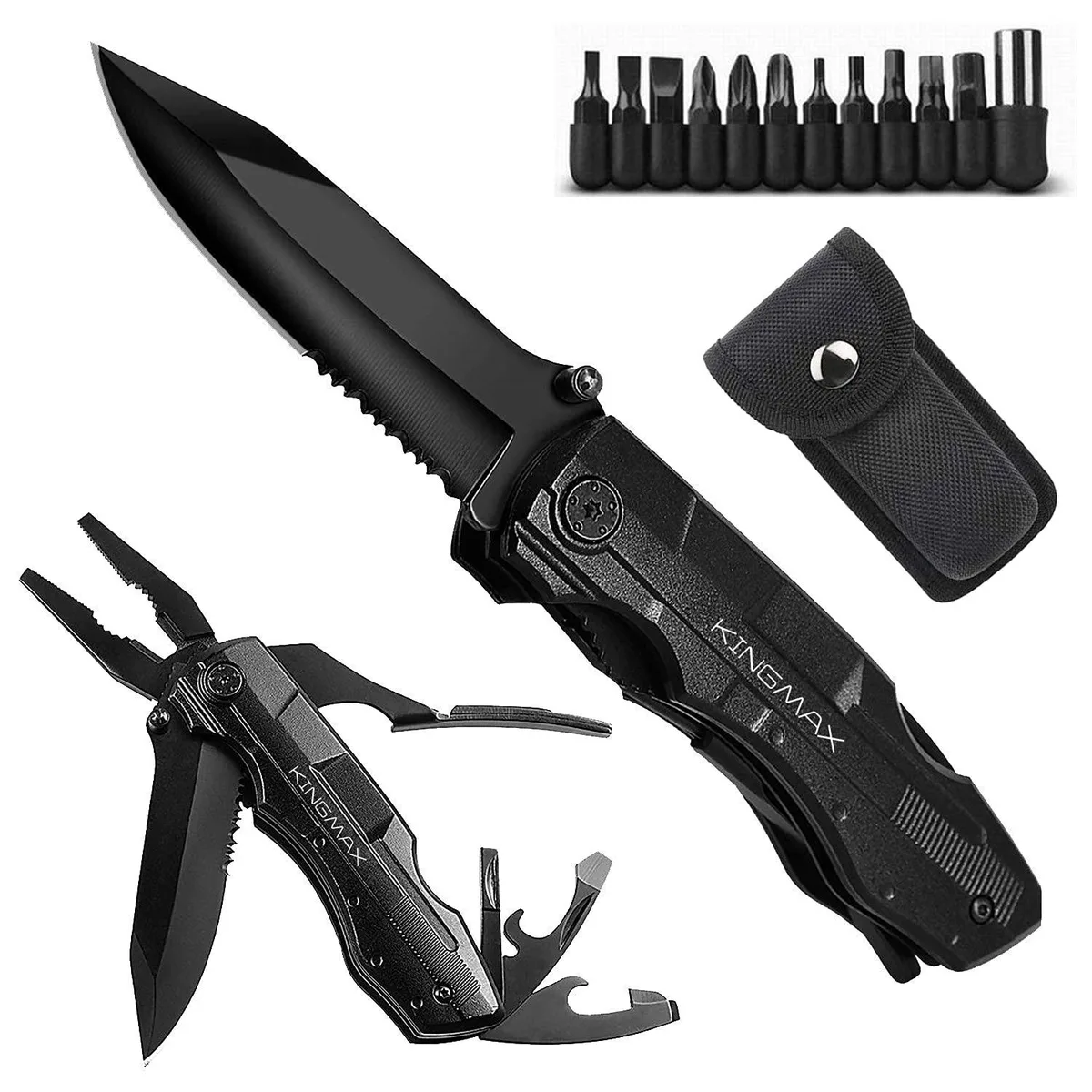 Folding black stainless-steel multitool with pliers and belt pouch