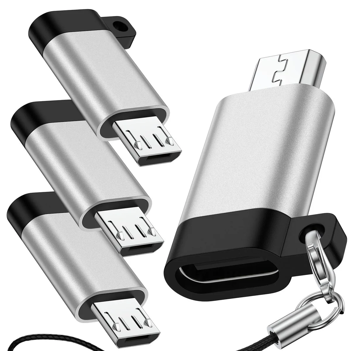 Four silver USB-C to Micro USB adapters with lanyards