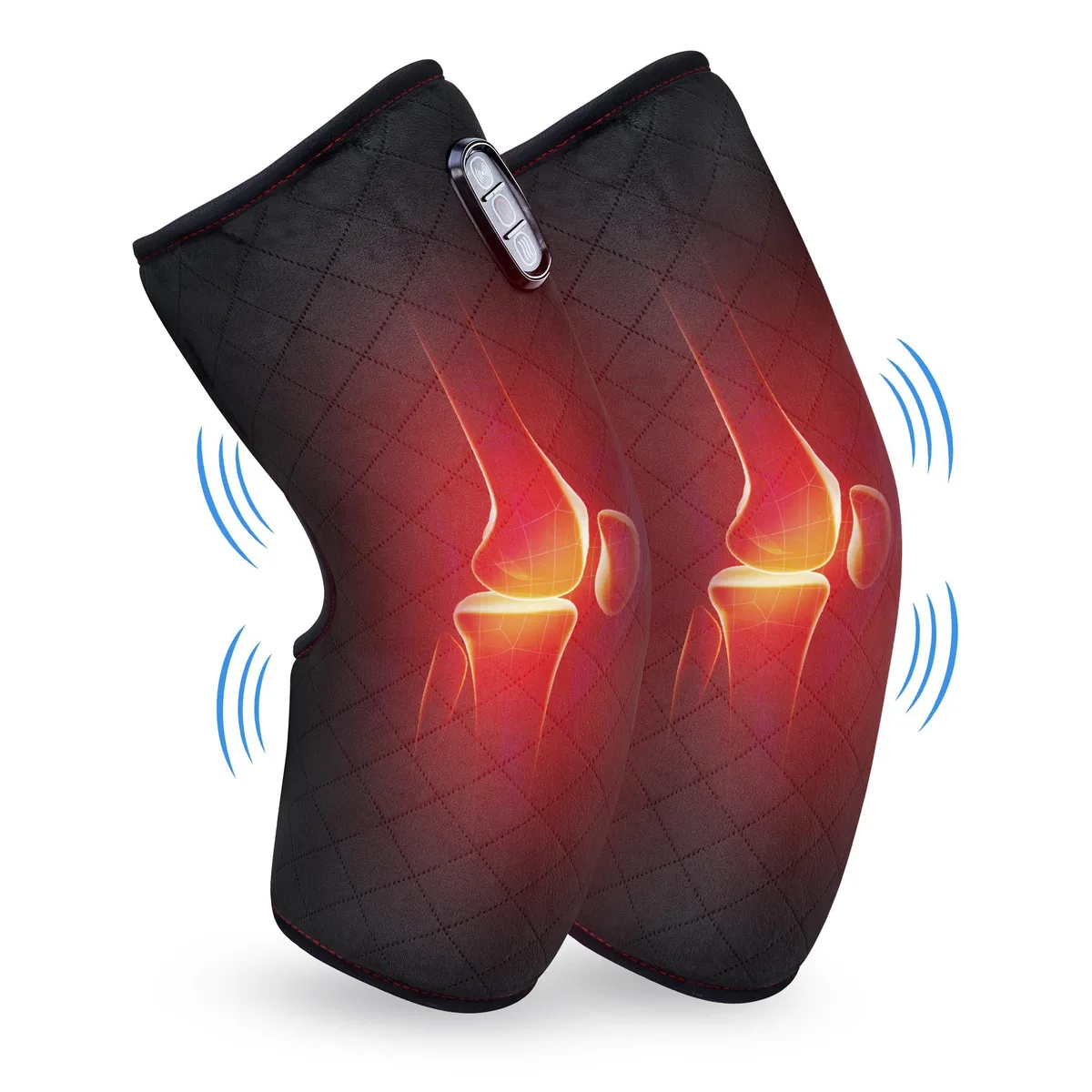 Pair of black velvet knee wraps with integrated heating and vibration, connected by a corded controller