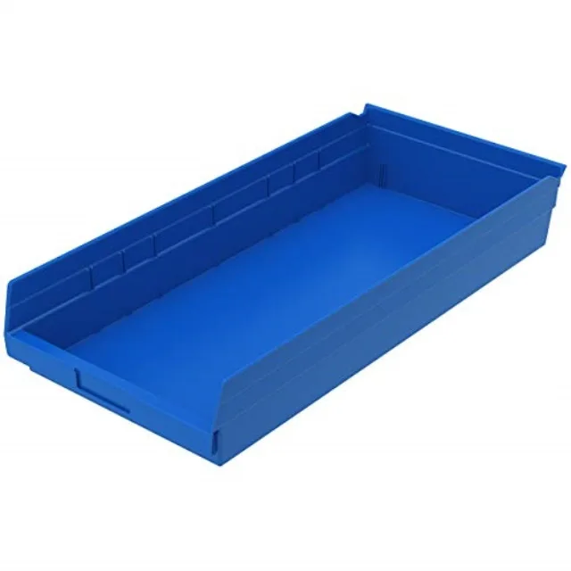 Blue plastic shelf bin, rectangular with open top, molded label area, stackable design