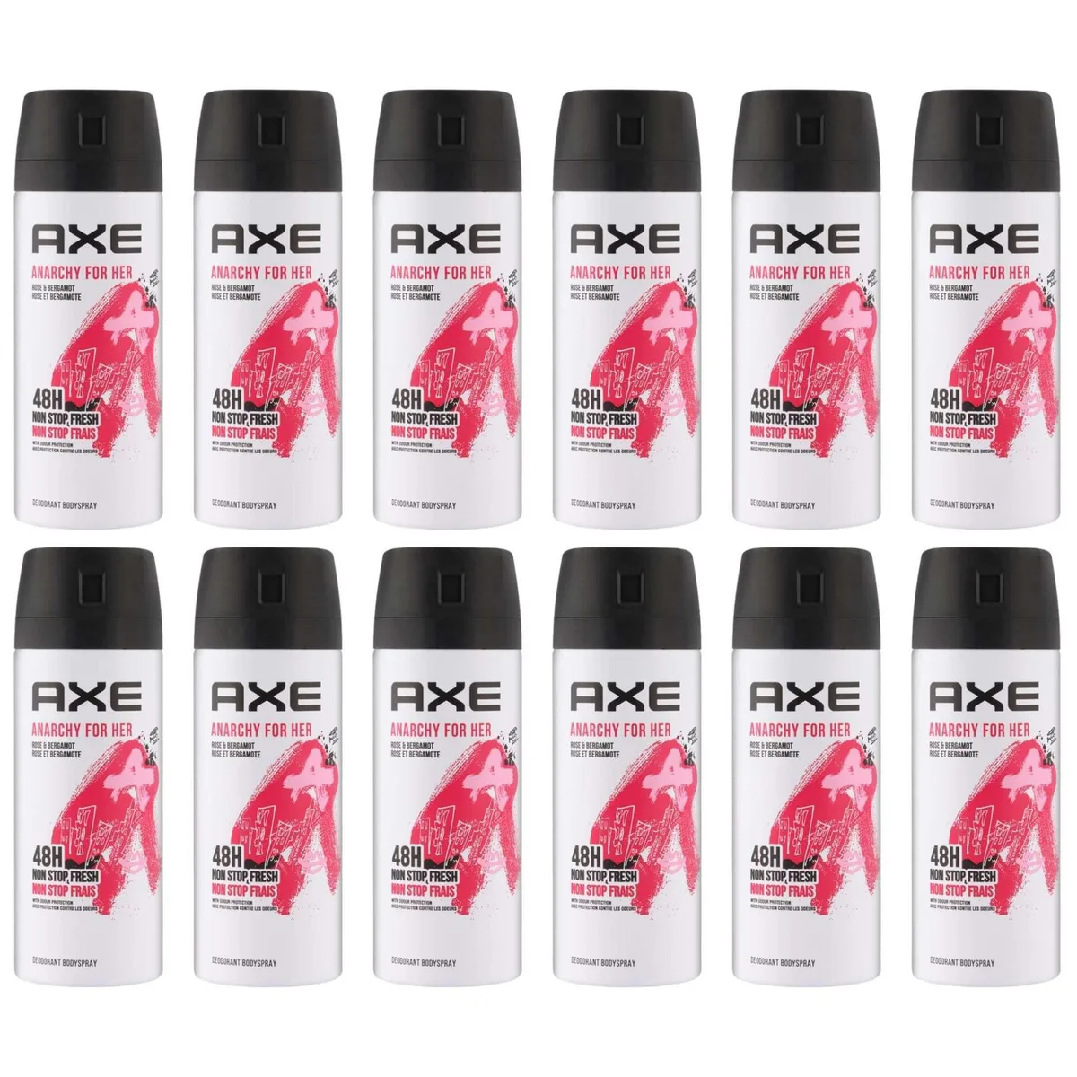 Twelve rose-scented body spray cans in a pack