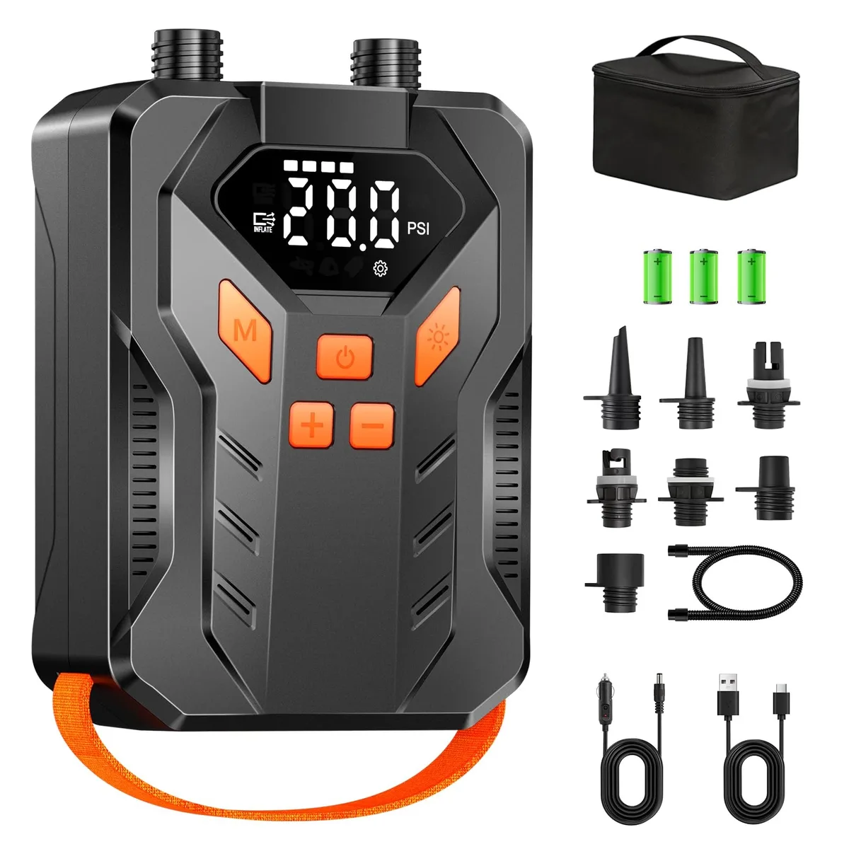 Twelve black plastic electric SUP pumps with USB-C ports in a pack