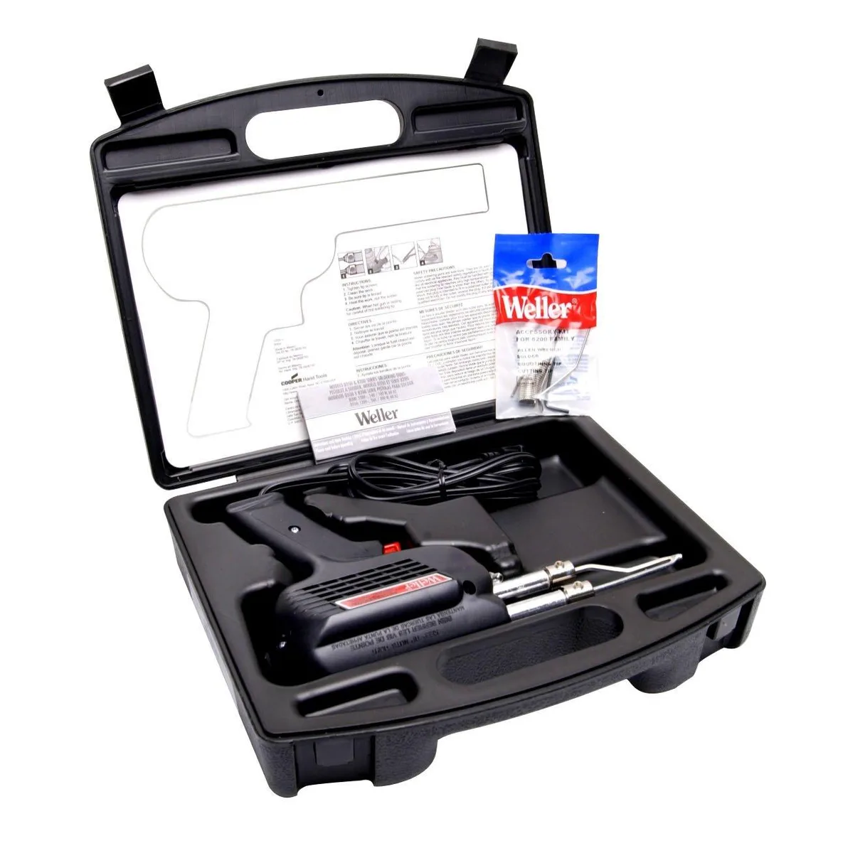 Pistol-grip soldering gun with dual-heat trigger, LED lights, three tips, flux brush, solder coil in carrying case