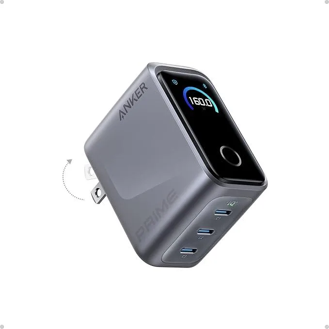 Compact white rectangular GaN charger with built-in smart display and three USB-C ports