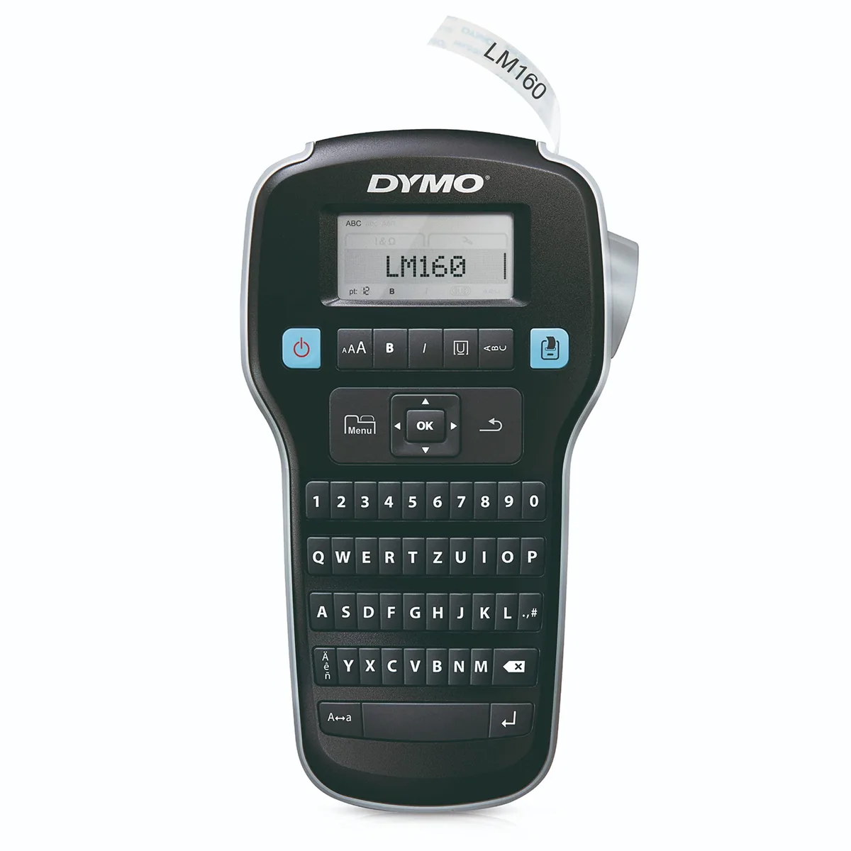 Black rectangular handheld label maker with QWERTY keyboard and LCD screen