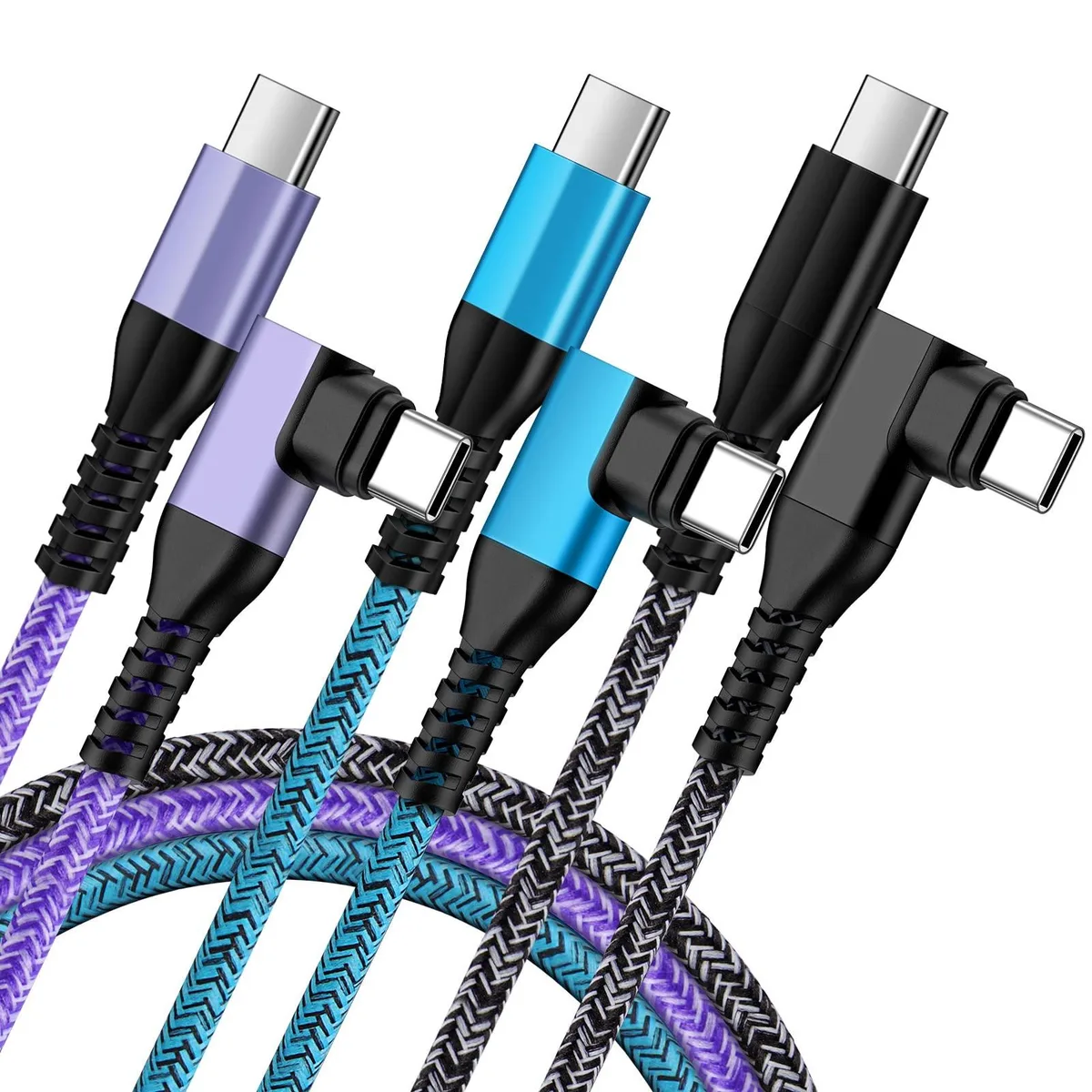 Three 6 ft USB-C to USB-C cables with 90° connectors and braided finish