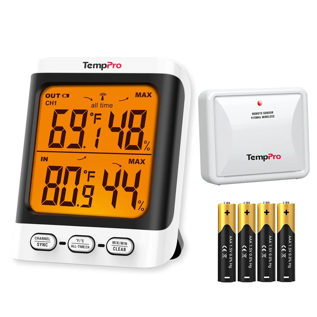 TempPro TP62 Wireless Indoor Outdoor Thermometer 500 ft 3.3" Display — product photo