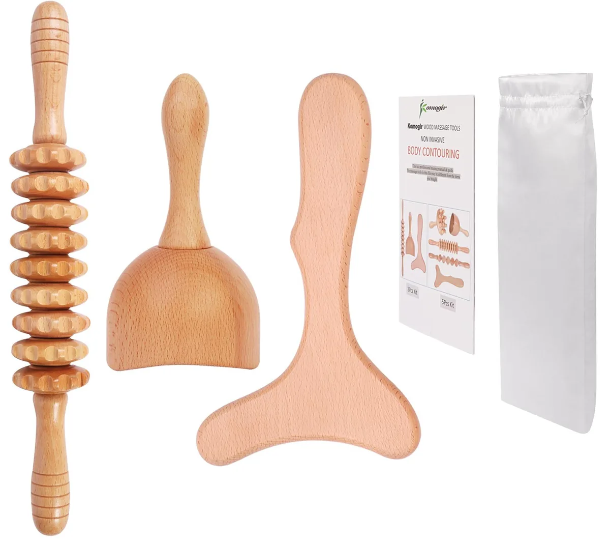 Blue wooden maderoterapia kit with roller stick, cup and contouring board