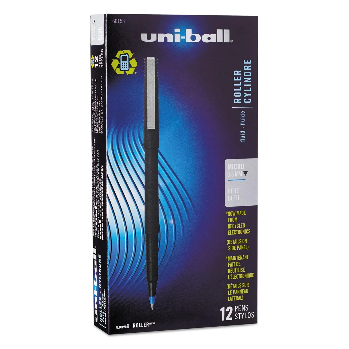 Sanford Sanford UBC60153 uni-ball Stick Roller Ball Pen Micro 0.5mm Blue Ink Black Matte Barrel 12 Pack — product photo