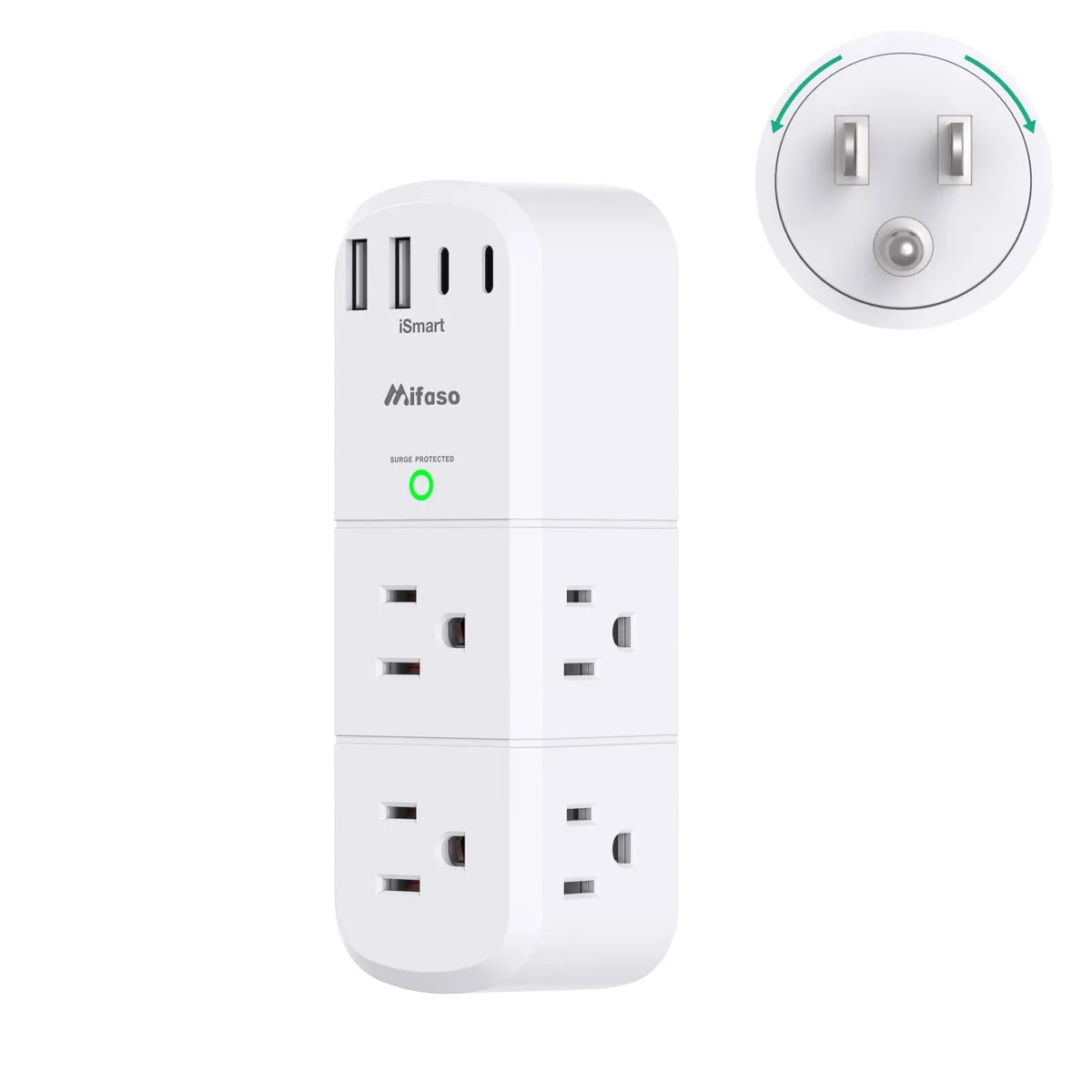 White rectangular surge protector with swivel plug, six AC outlets on three sides, four USB ports, green indicator light