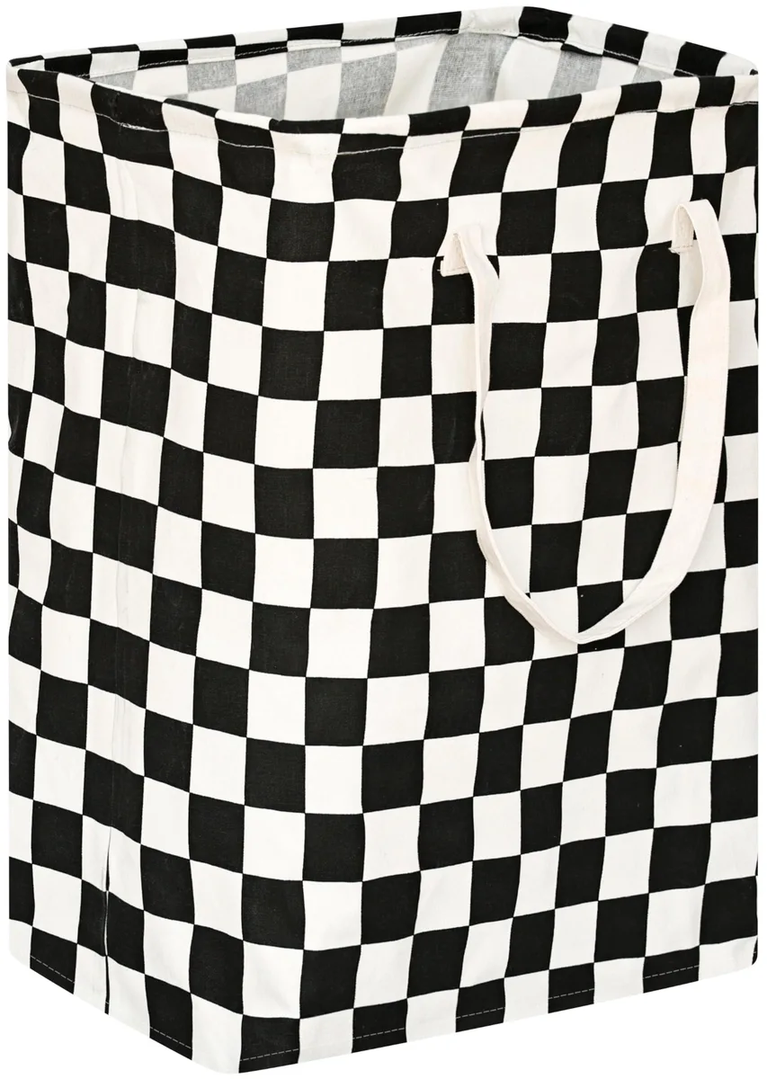 Checkered canvas laundry basket, 15.7 by 11.8 by 23.6 inches, foldable with handles