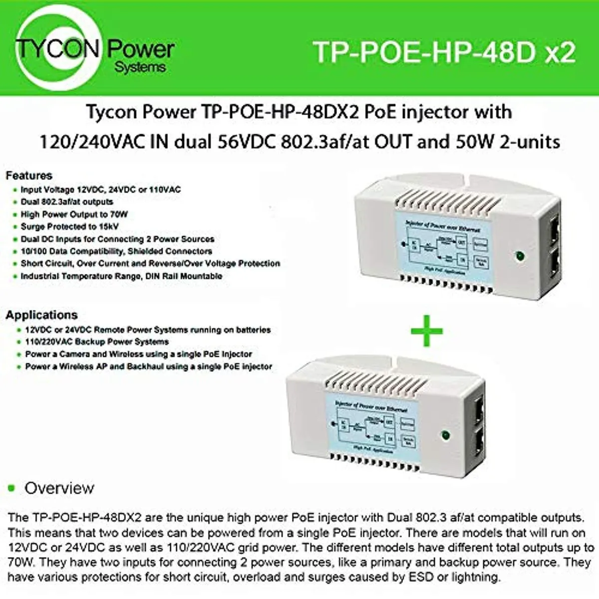 Tycon Power Systems Tycon Power Systems TP-POE-HP-48Dx2 PoE injector dual 56 VDC 50 W — product photo