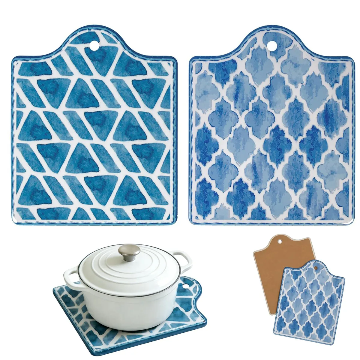 Two rectangular ceramic trivets with cork bases and small perforated handles, smooth glossy finish