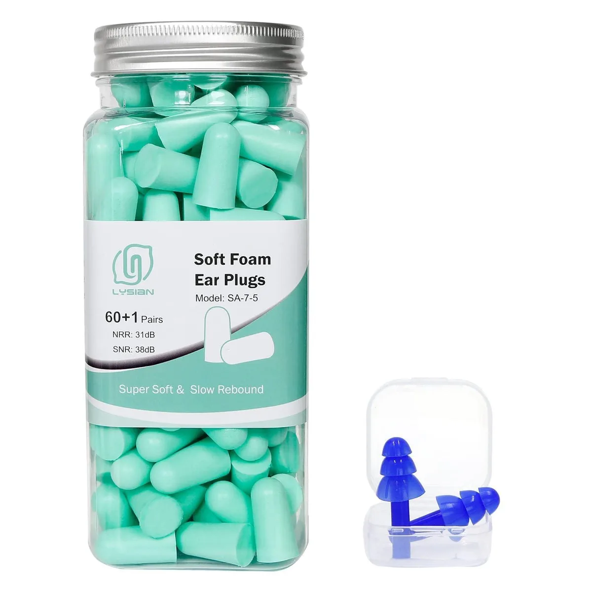  LYSIAN SA-7-5 Soft Foam Ear Plugs 60 Pairs 38dB Aqua — product photo