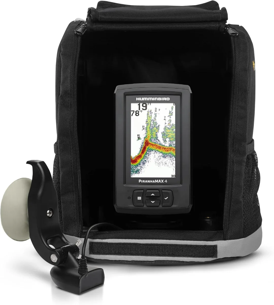 WUQ PiranhaMAX 4 PT portable fish finder with 4.3 inch color display in carrying case