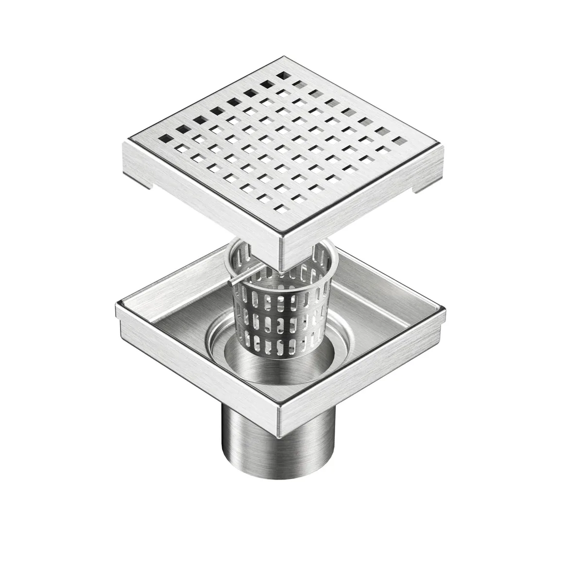 Square brushed nickel shower drain with removable grate and hair strainer