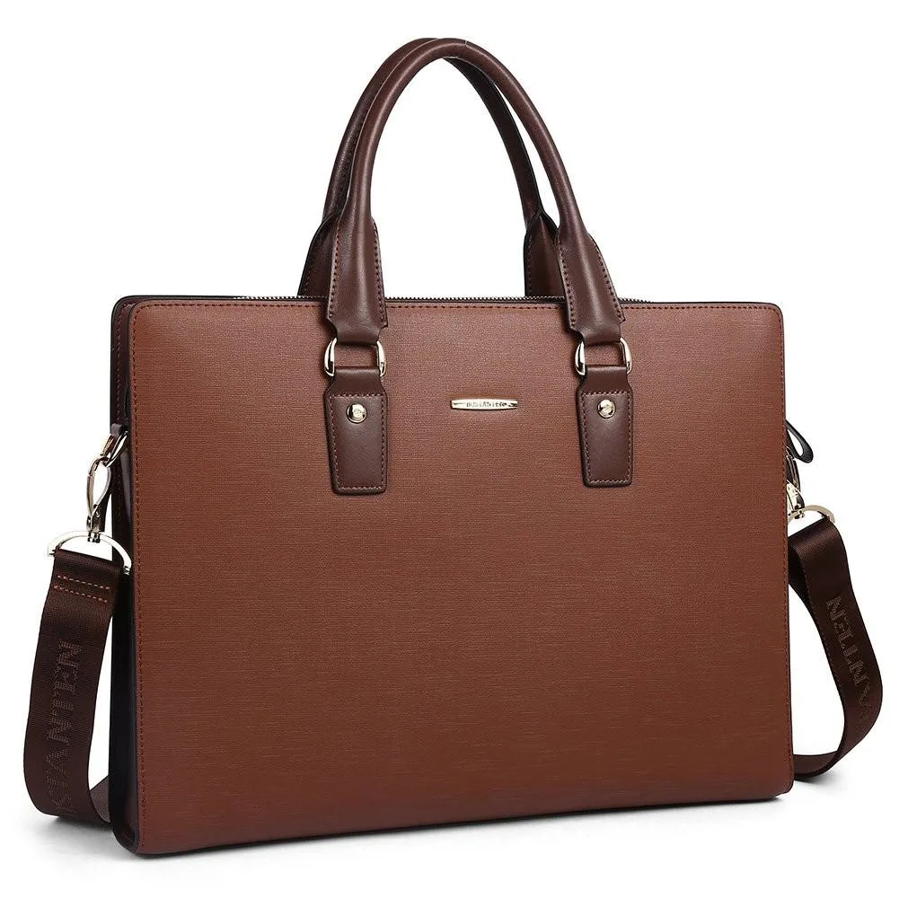 Coffee leather briefcase with top handles and adjustable shoulder strap