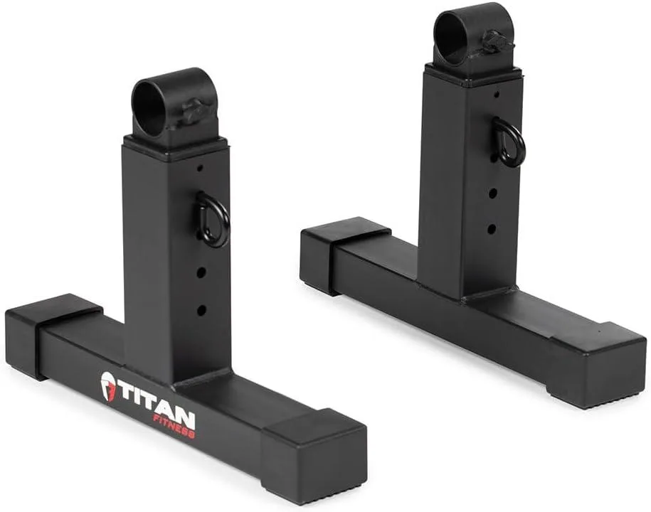 Pair of black steel adjustable deadlift blocks with locking knobs on barbell sleeves