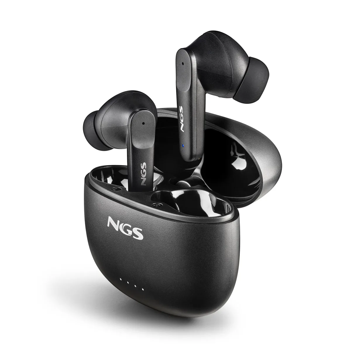 Black true wireless earbuds in a matching charging case, compact stem design with matte finish