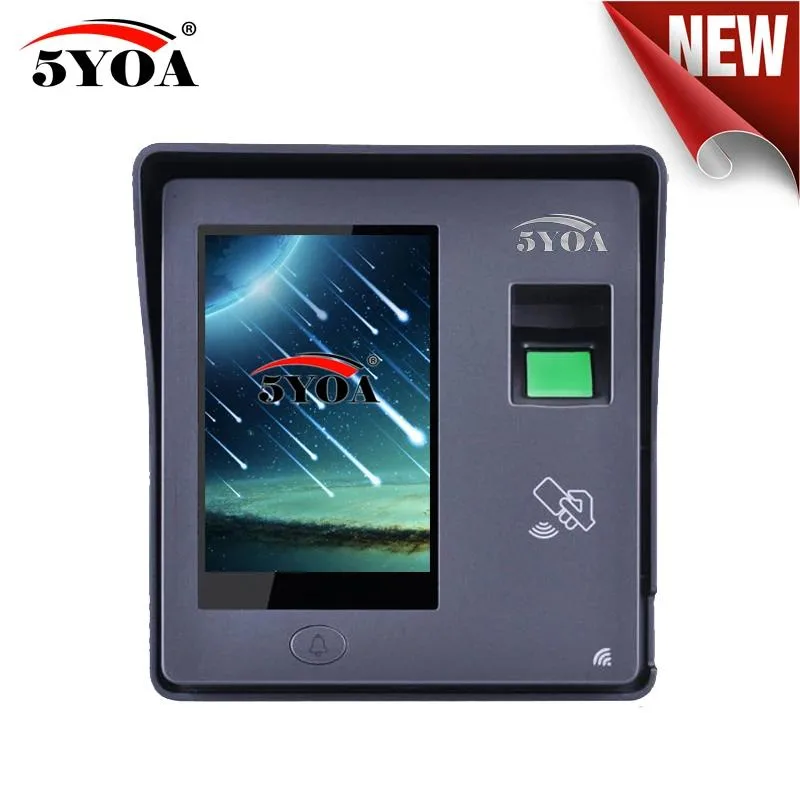 Silver rectangular door lock with 4 inch touchscreen and fingerprint sensor