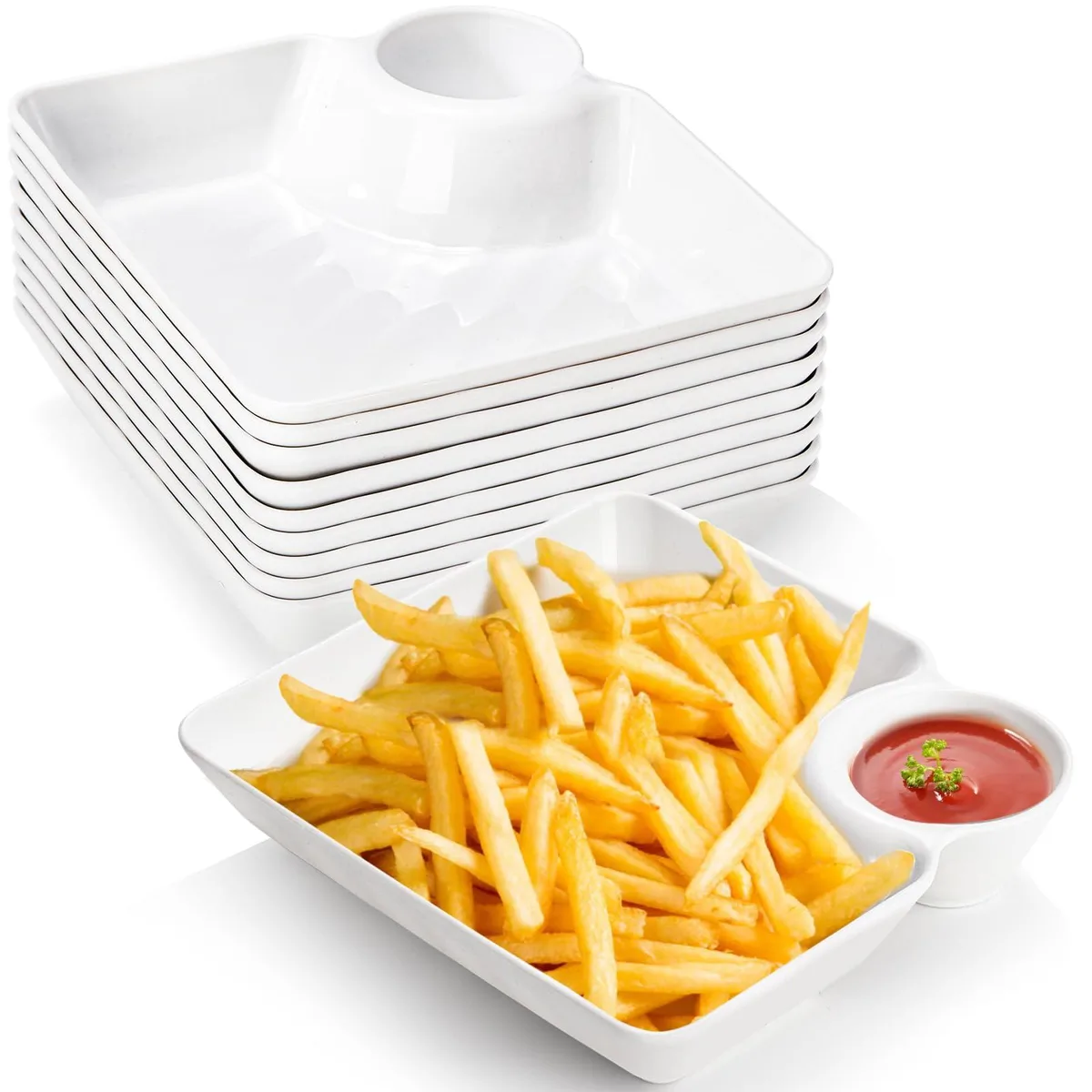 Ten white rectangular divided snack plates in plastic, each 7 by 6.5 by 1.4 inches