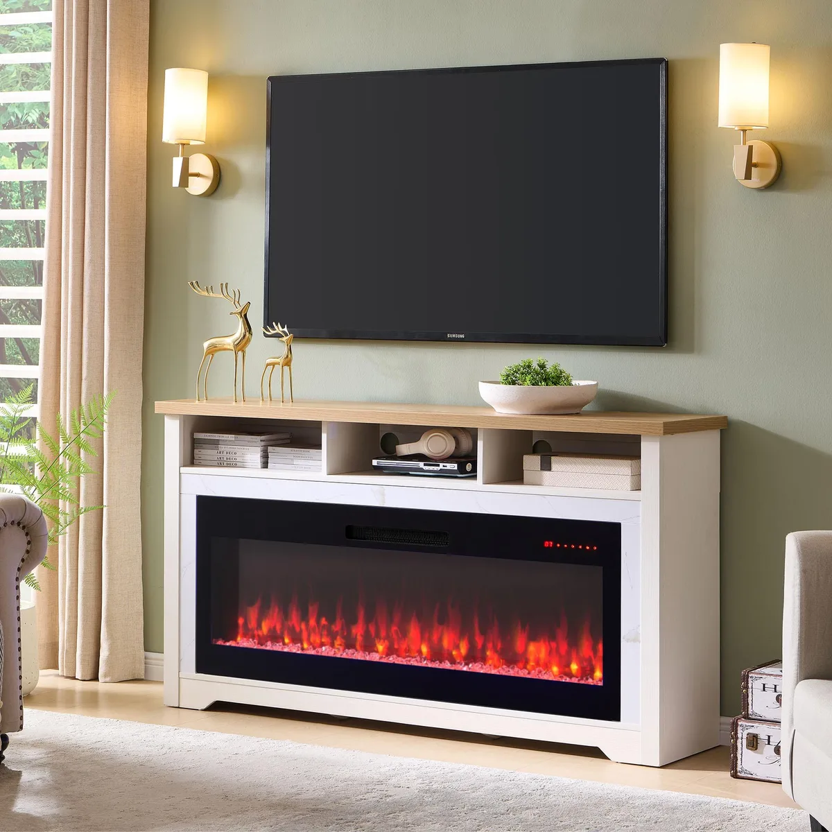 tuphen tuphen 60 inch Fireplace TV Stand with 50 inch smart Electric Fireplace Cream White — product photo
