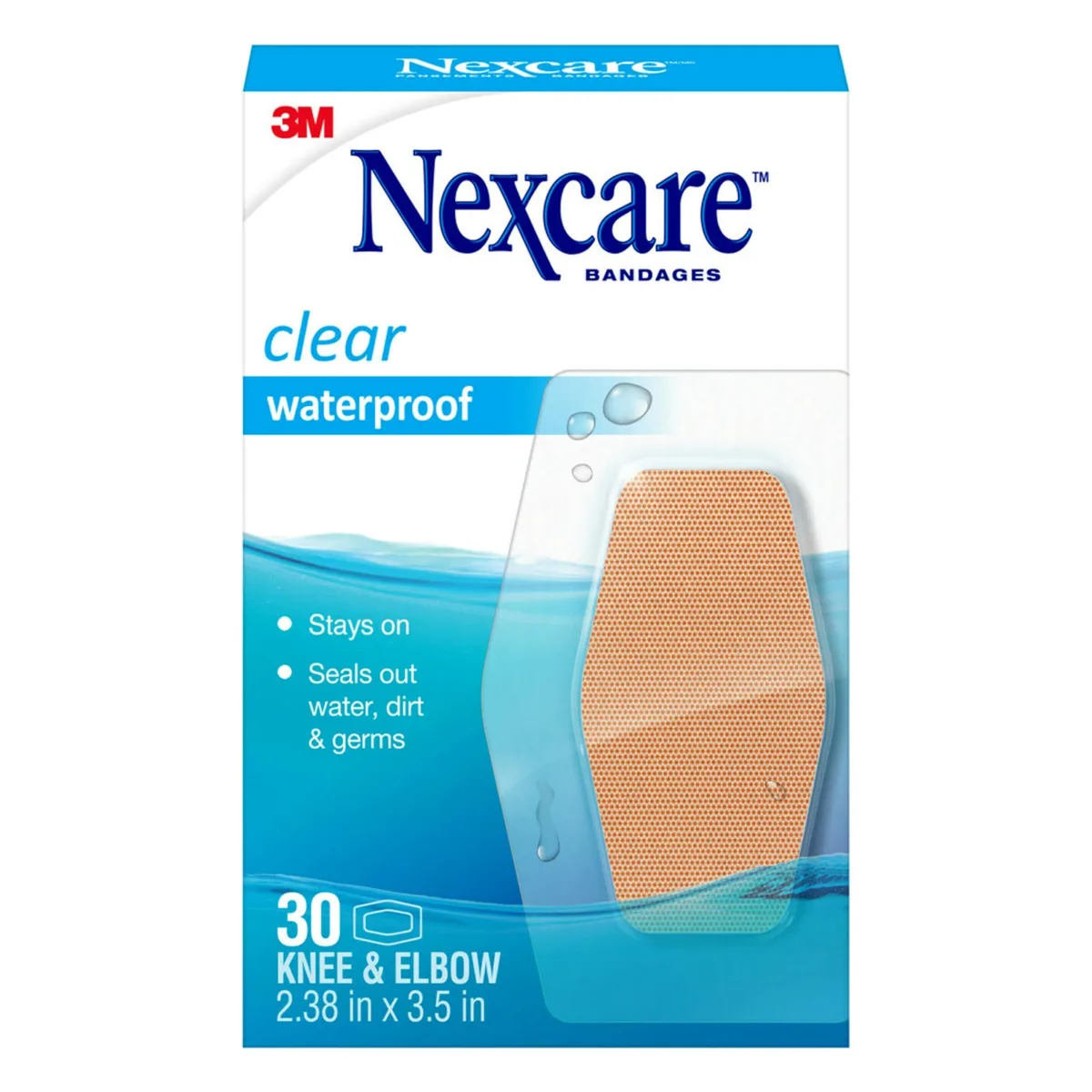  Nexcare 581-30-CA Waterproof Clear Bandages Knee Elbow 2.38 x 3.5 in 30 Count — product photo