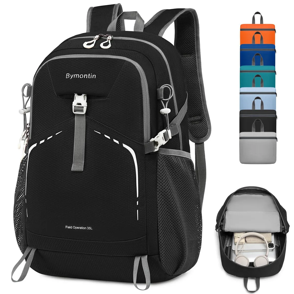 Black packable polyester backpack, folds into own pocket, 35 litre capacity