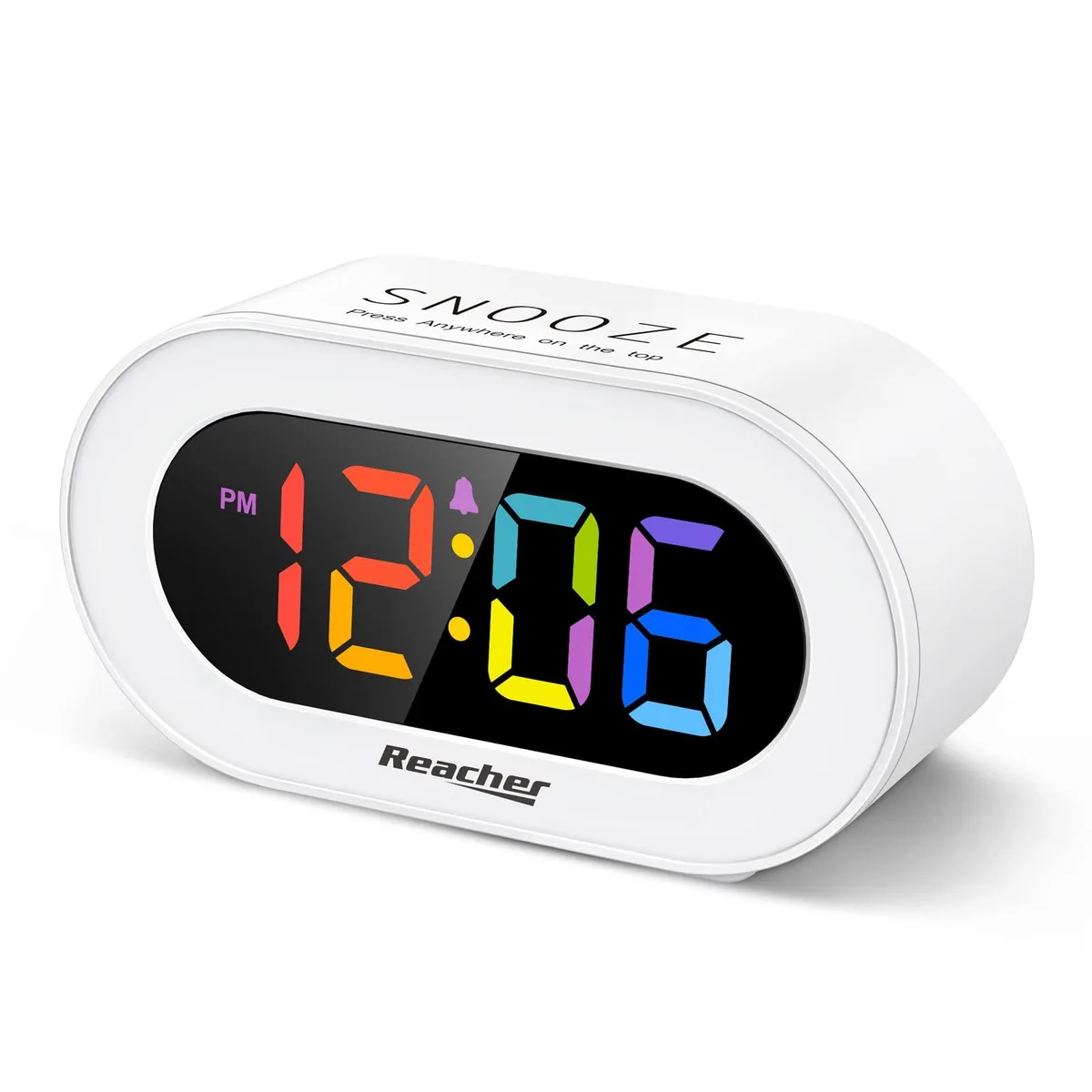 Compact rectangular LED alarm clock with colourful digits and matte finish