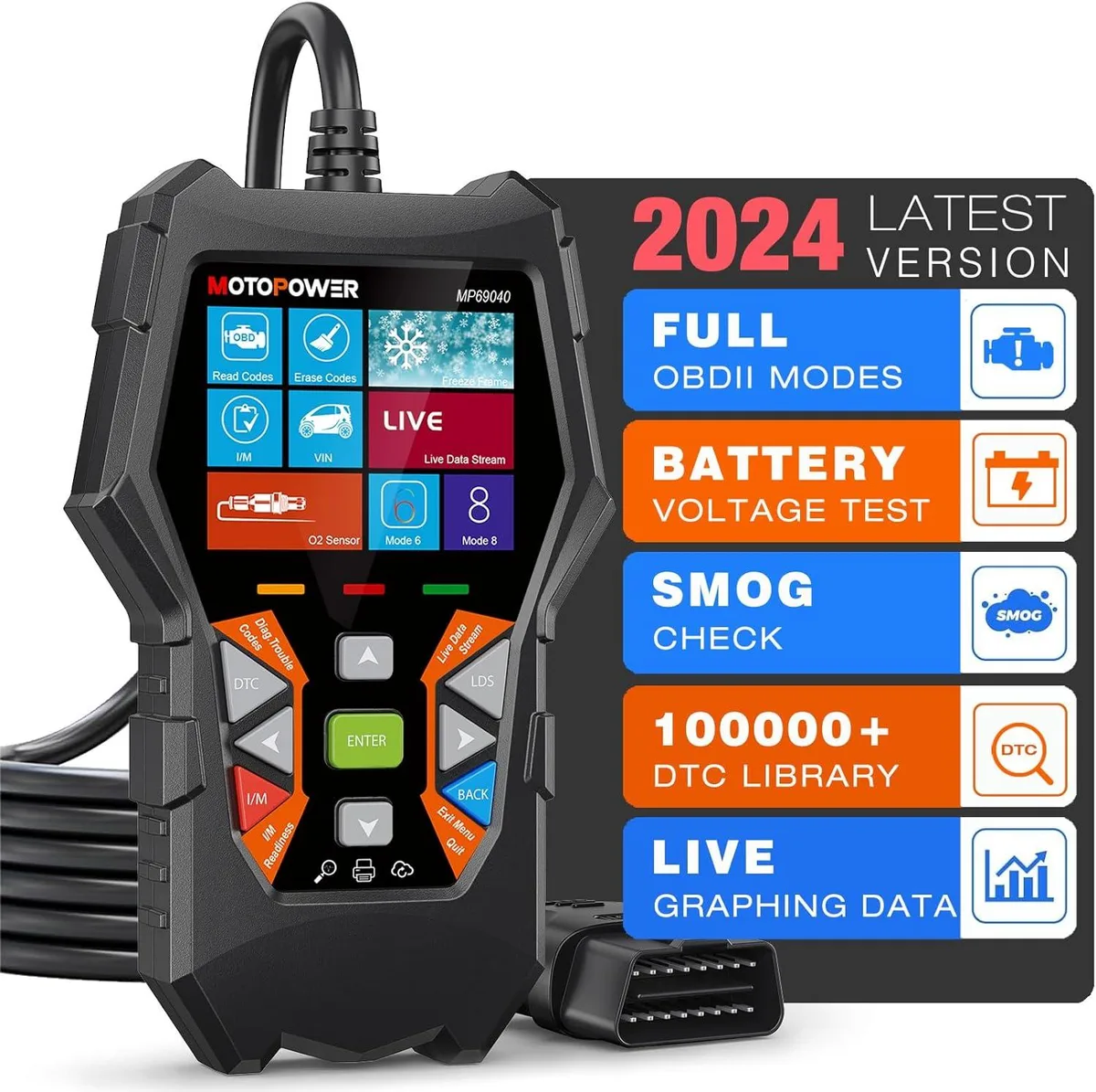 Black handheld OBD2 scanner with screen and cable