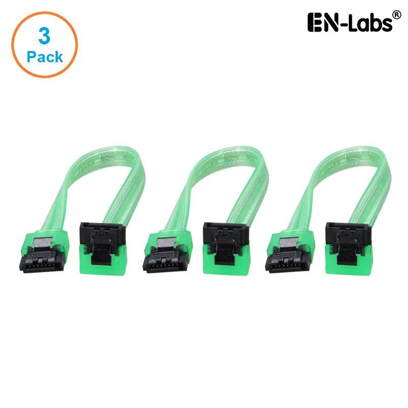 EN-Labs EN-Labs 3PKSATAIII6GNA 3-pack SATA 3.0 6Gbps straight to 90° right-angle cable UV Green 6 inch — product photo