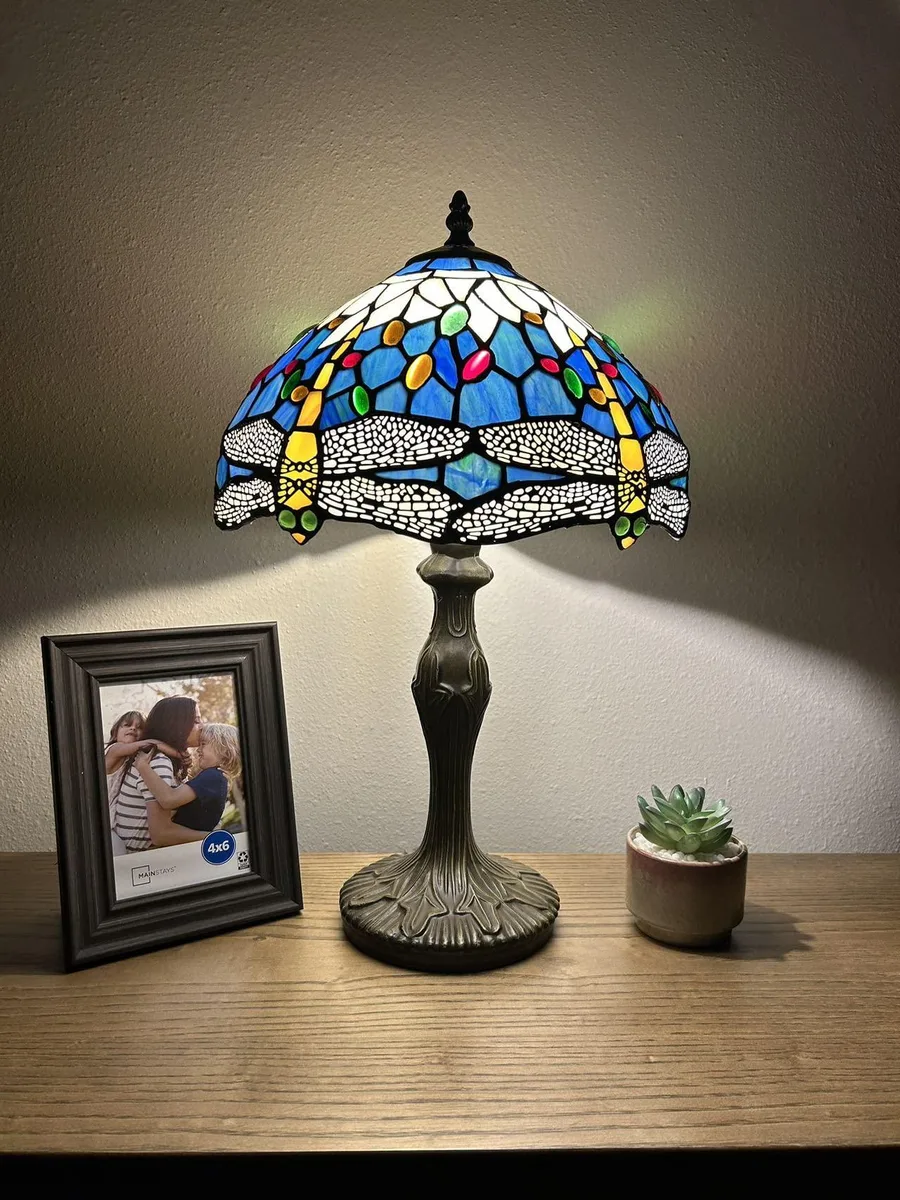 Tiffany style table lamp with blue dragonfly stained glass shade and bronze finished zinc alloy base